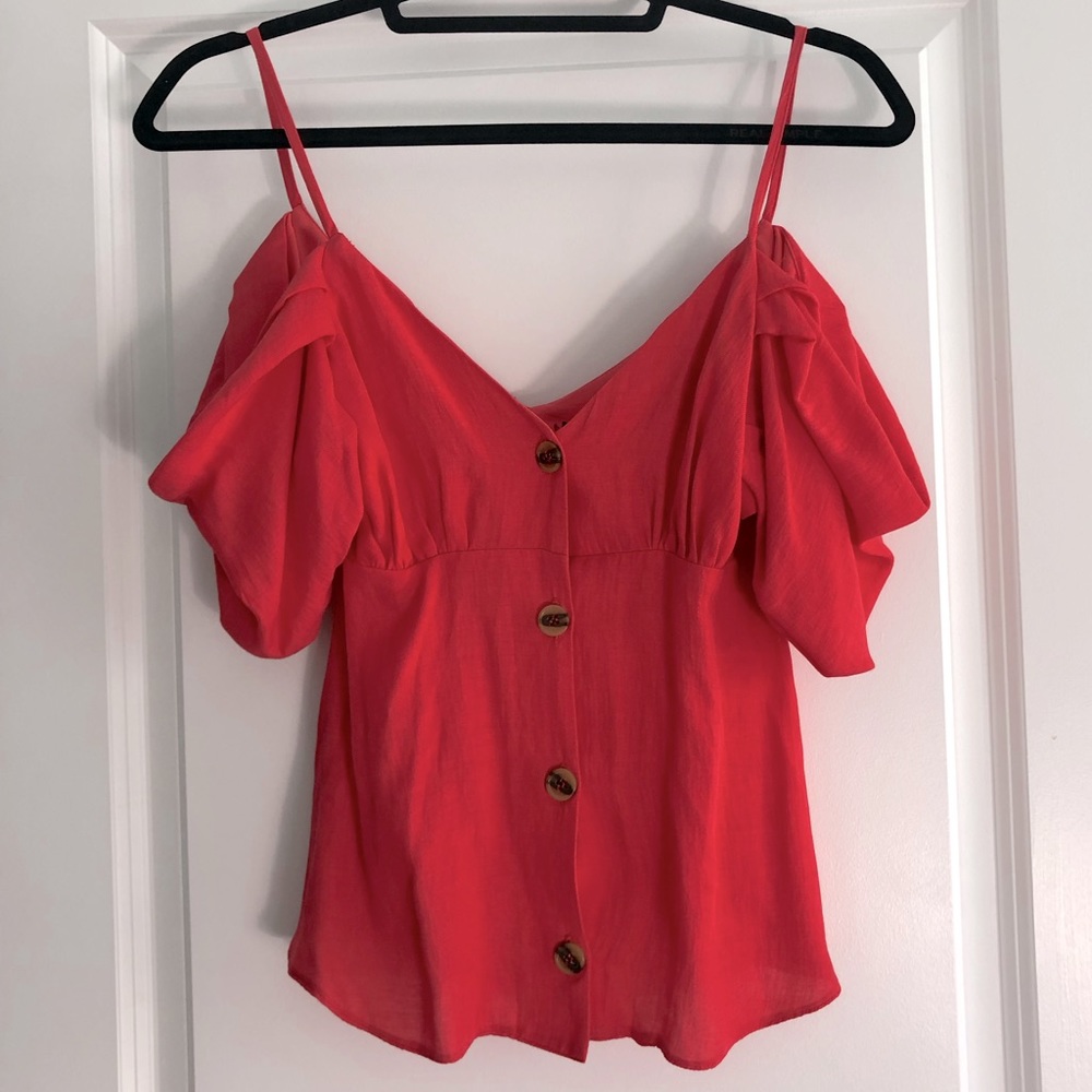 Topshop Cold Shoulder Top Coral Red Barbie Style - Picture 2 of 6